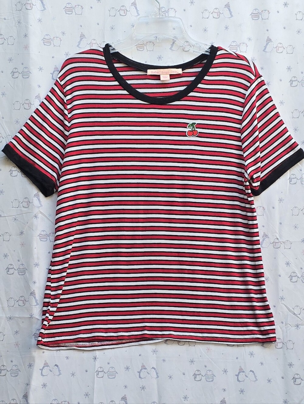 Rebellious One Soft Material in Red, White & Black Striped Cherry Patch Tee. L